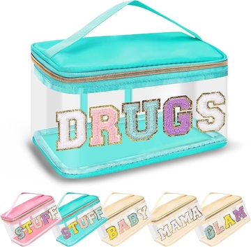 Chenille embroidery alphabet makeup bag Transparent waterproof PVC portable storage bag